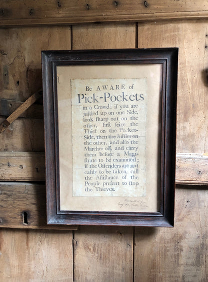 Extremely rare original 18th century English pickpocket notice