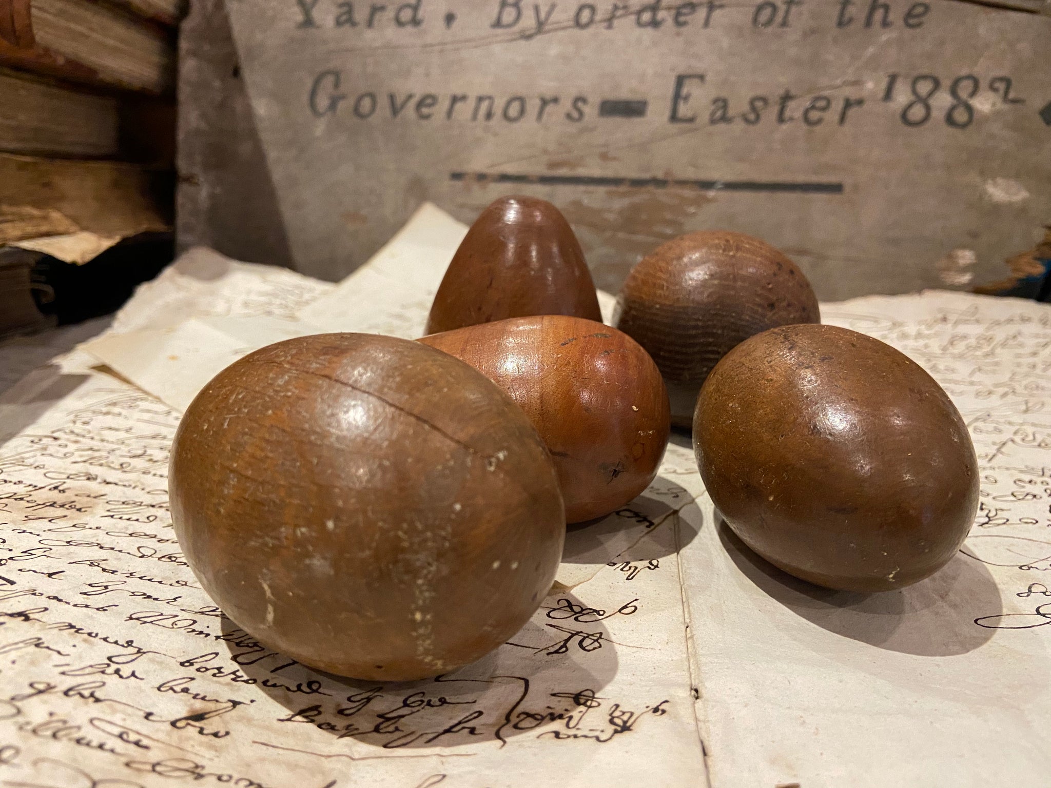 Group of 5 sculptural wooden eggs