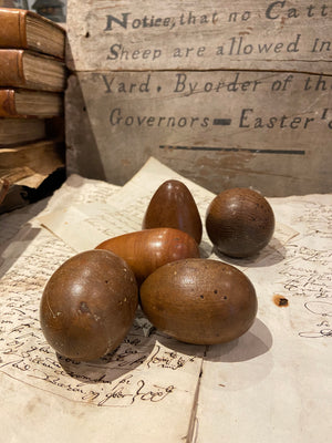 Group of 5 sculptural wooden eggs