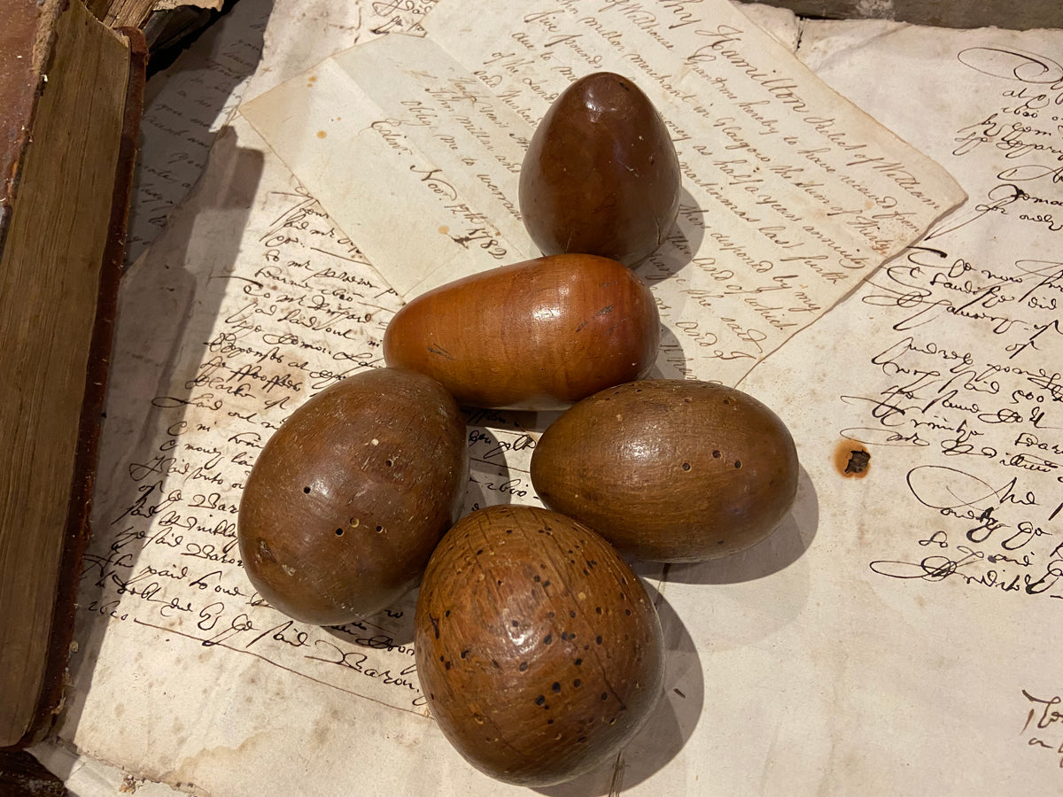 Group of 5 sculptural wooden eggs