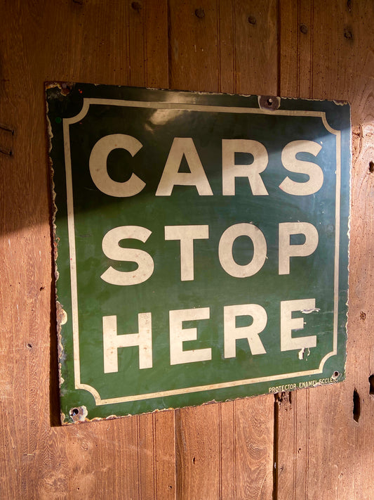 Early 20th century enamel "Cars stop here" sign c. 1915