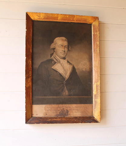 An original 1794 engraving by J. G Wood of Captain John Harvey of the Brunswick with his ship