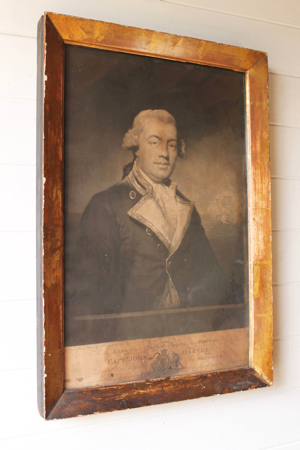 An original 1794 engraving by J. G Wood of Captain John Harvey of the Brunswick with his ship