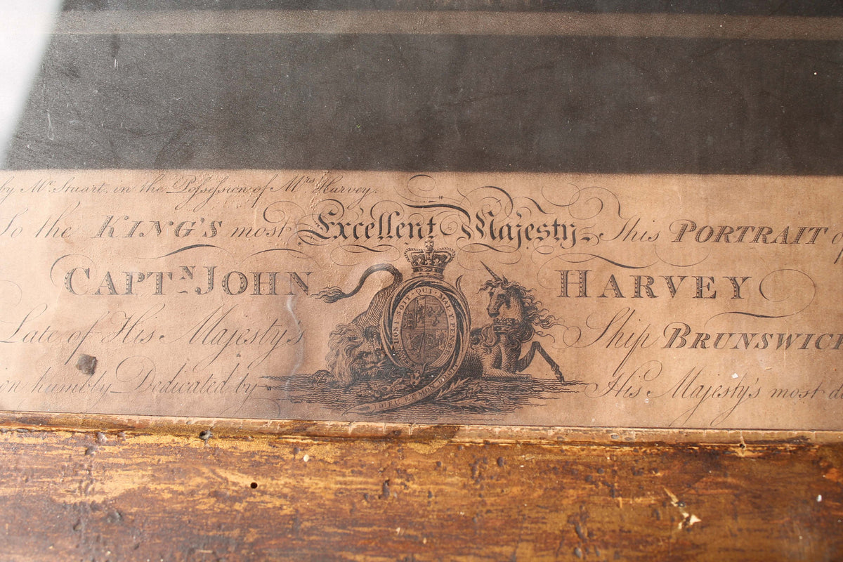 An original 1794 engraving by J. G Wood of Captain John Harvey of the Brunswick with his ship