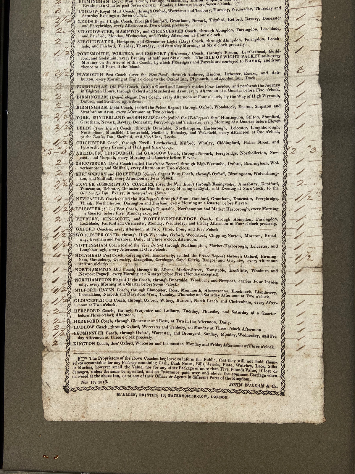 Georgian coaching inn broadside for the Bull & Mouth, London, 1816