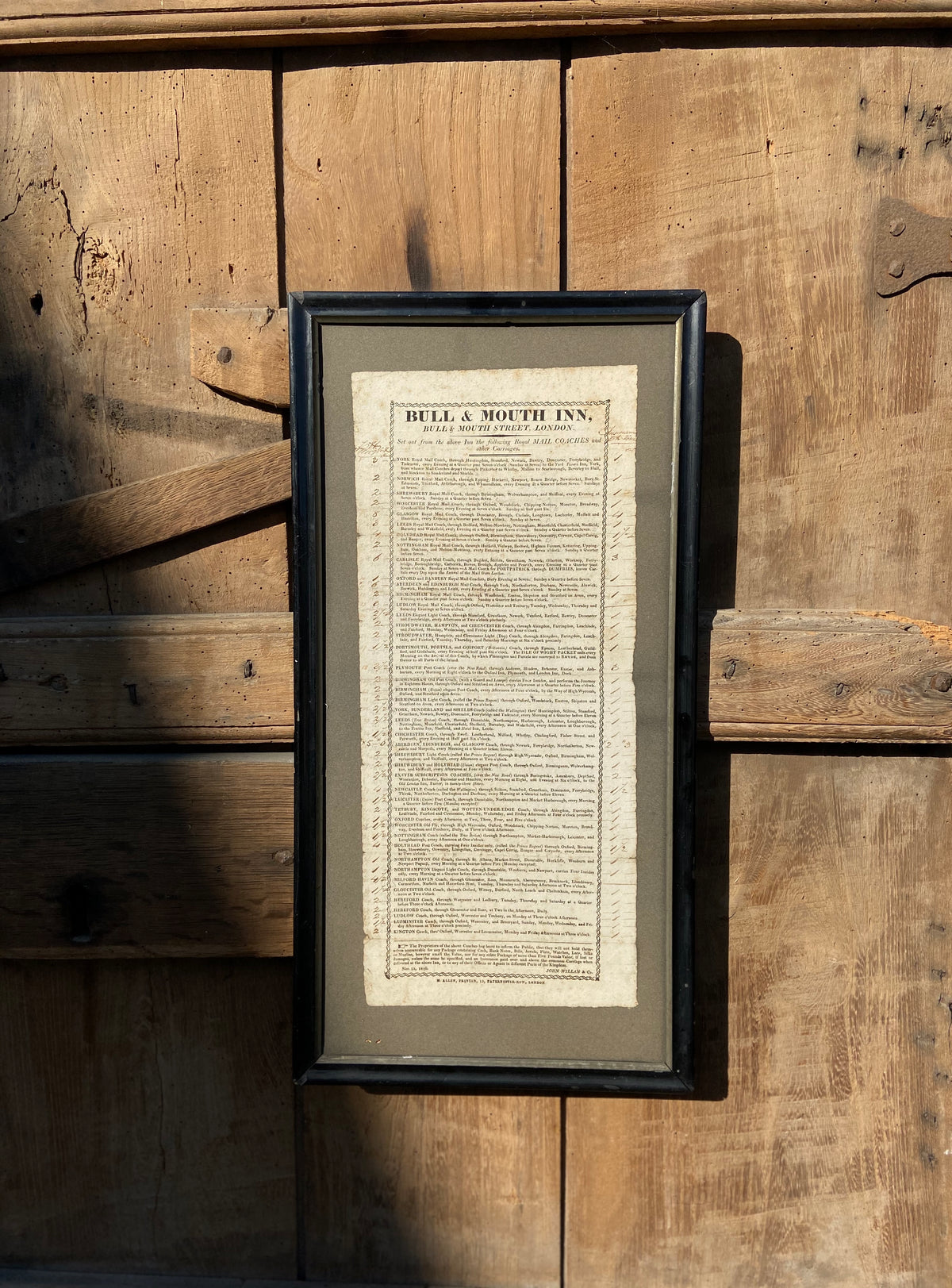 Georgian coaching inn broadside for the Bull & Mouth, London, 1816
