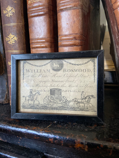 A George III trade card for William Boswood of London, stable keeper