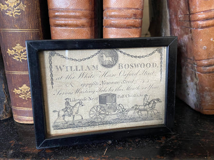 A George III trade card for William Boswood of London, stable keeper