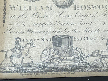 A George III trade card for William Boswood of London, stable keeper