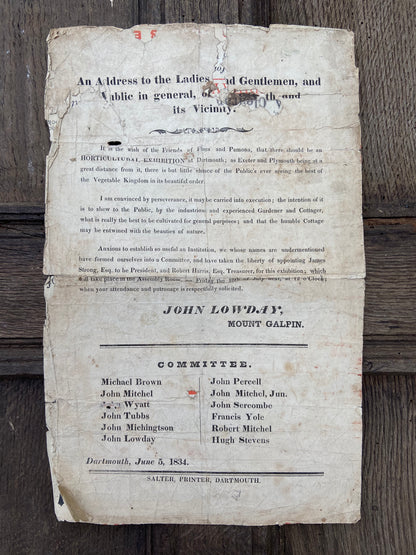 An 1834 horticultural broadside from Dartmouth, Devon