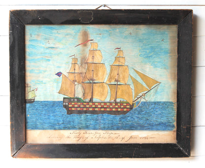 An 1844 naive school pen and watercolour study of a ship leaving Naples - SOLD