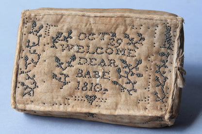 Georgian silk pin cushion dated 1810 for new born baby