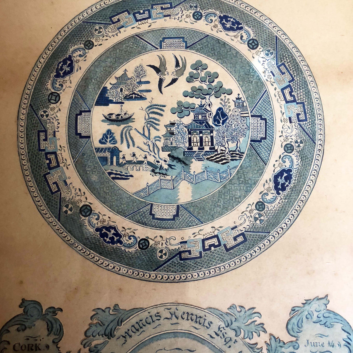 A very fine Irish watercolour study of a willow pattern plate, Cork, 1854