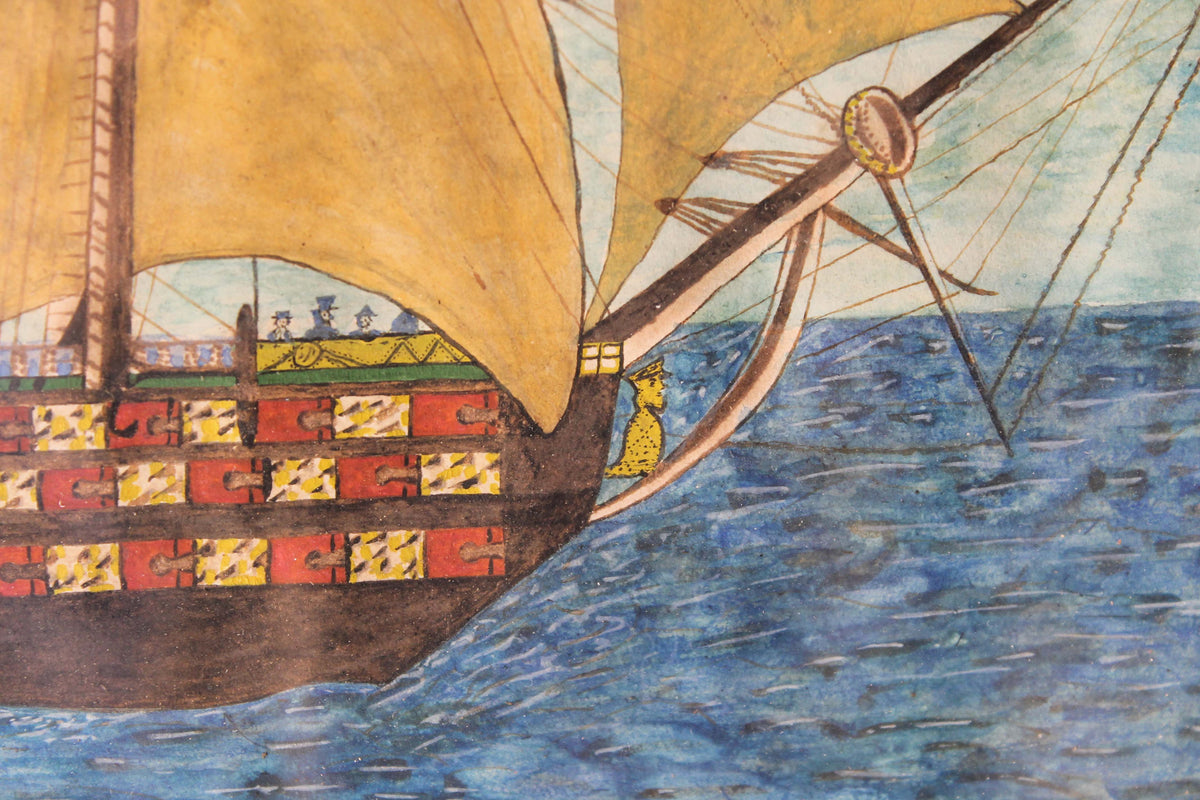 An 1844 naive school pen and watercolour study of a ship leaving Naples - SOLD