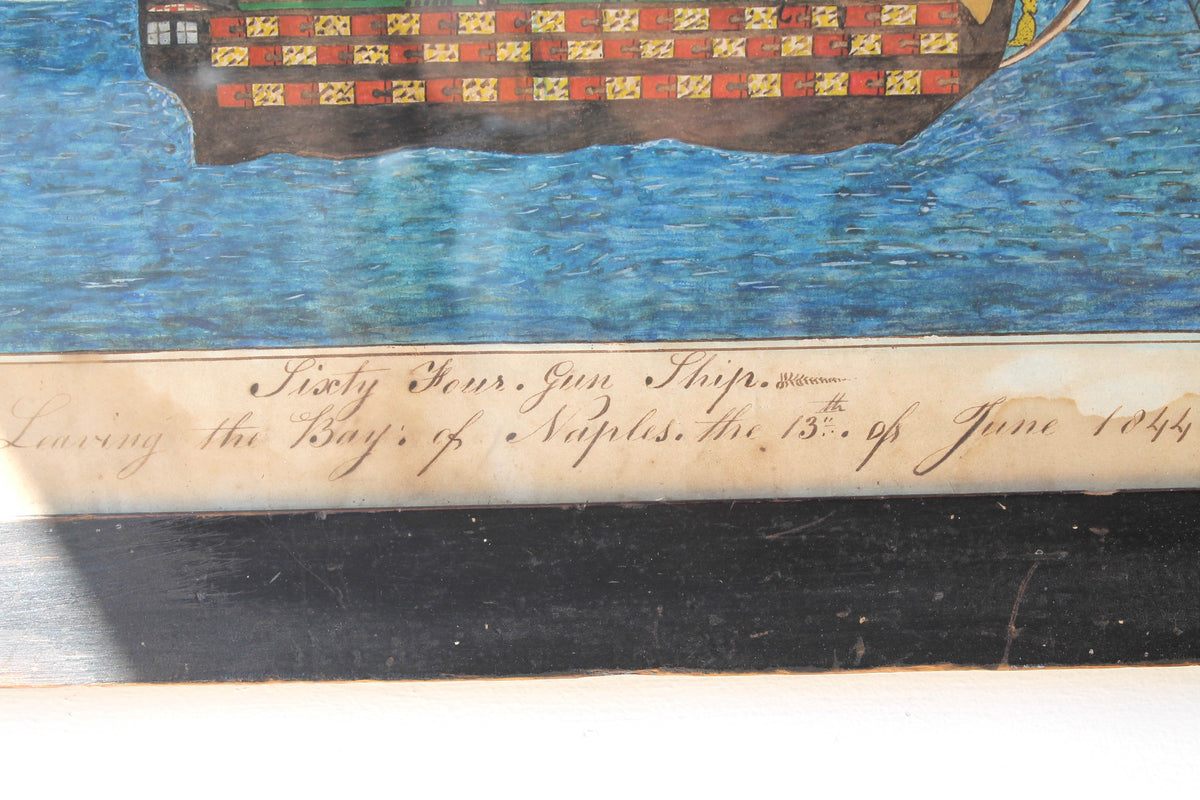 An 1844 naive school pen and watercolour study of a ship leaving Naples - SOLD