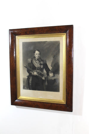 Mid 19th c engraving of Admiral Josias Rowley in original burr walnut frame