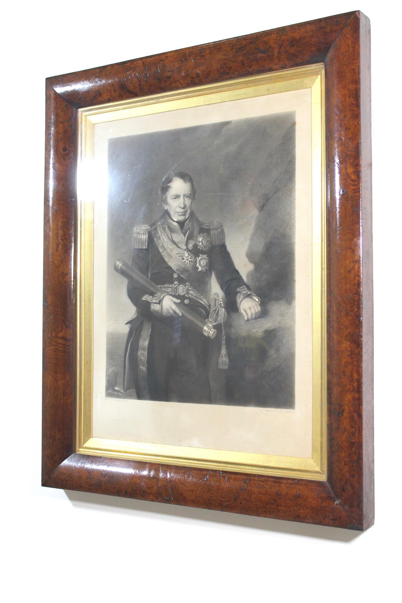 Mid 19th c engraving of Admiral Josias Rowley in original burr walnut frame