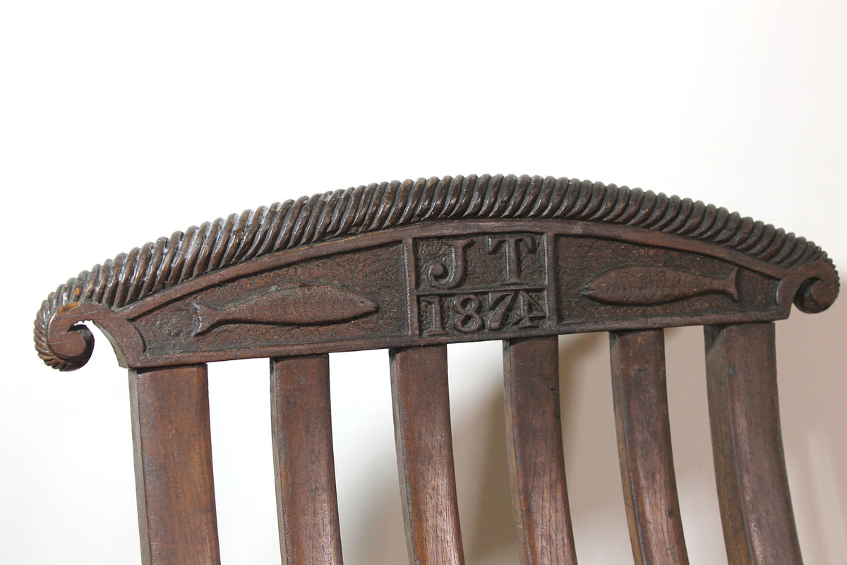 19th century steamer chair with carved dated & initialled crest