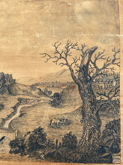 A George III pen and ink drawing of an English countryside scene by Richard Leech