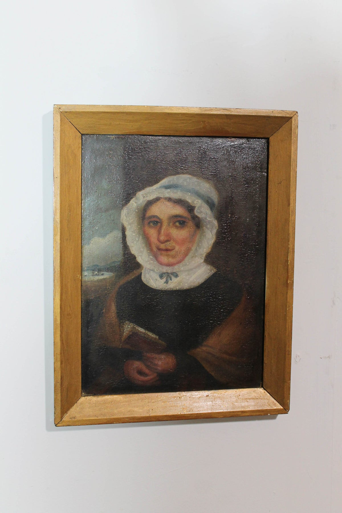 Primitive school oil on panel  portrait of a sea captain's wife c. 1840
