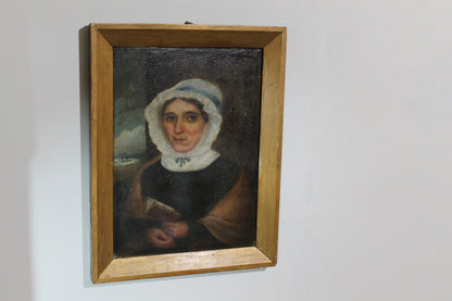 Primitive school oil on panel  portrait of a sea captain's wife c. 1840