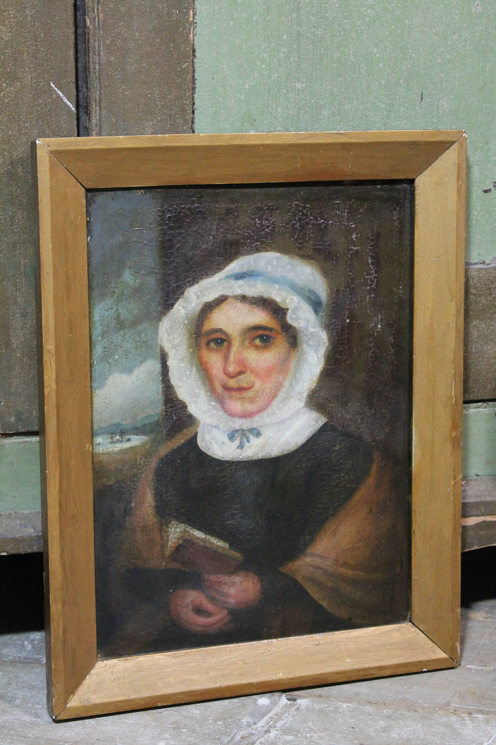 Primitive school oil on panel  portrait of a sea captain's wife c. 1840