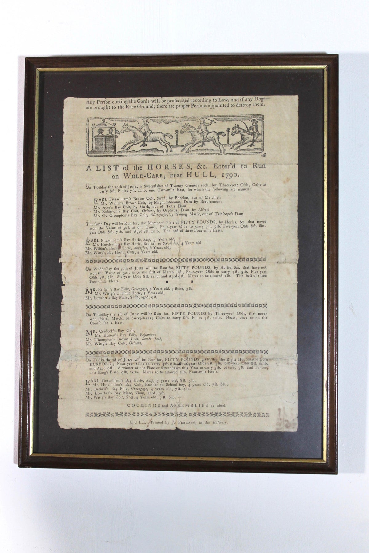Late 18th century horse race card or handbill