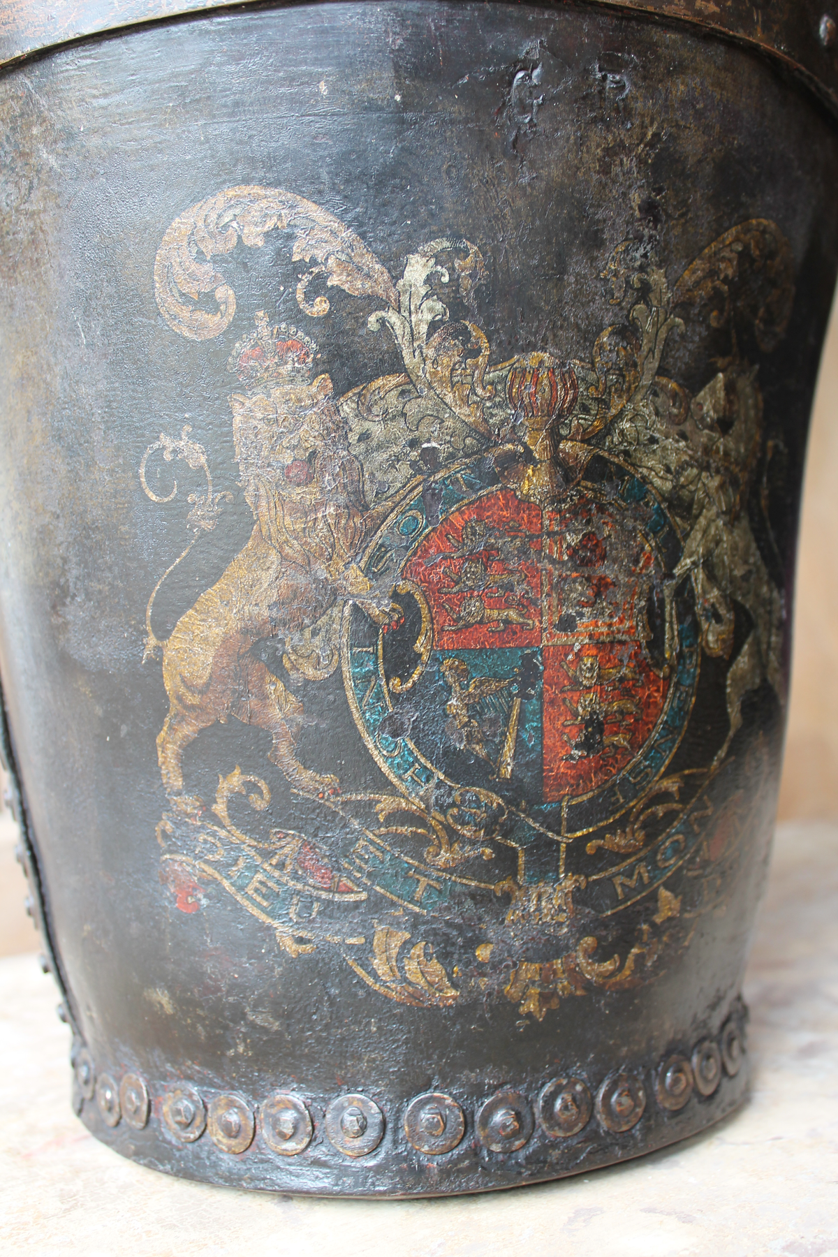 19th c leather fire bucket with royal coat of arms