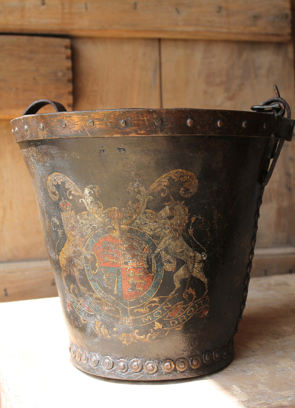 19th c leather fire bucket with royal coat of arms