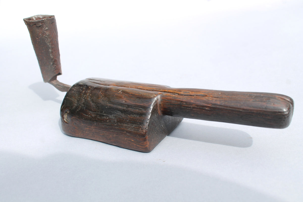 Unusual 18th century oak 'go to bed' candle holder
