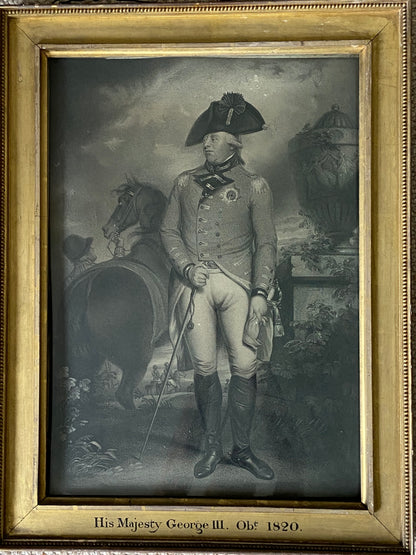 A large stipple and line engraving of King George III with original frame & glass