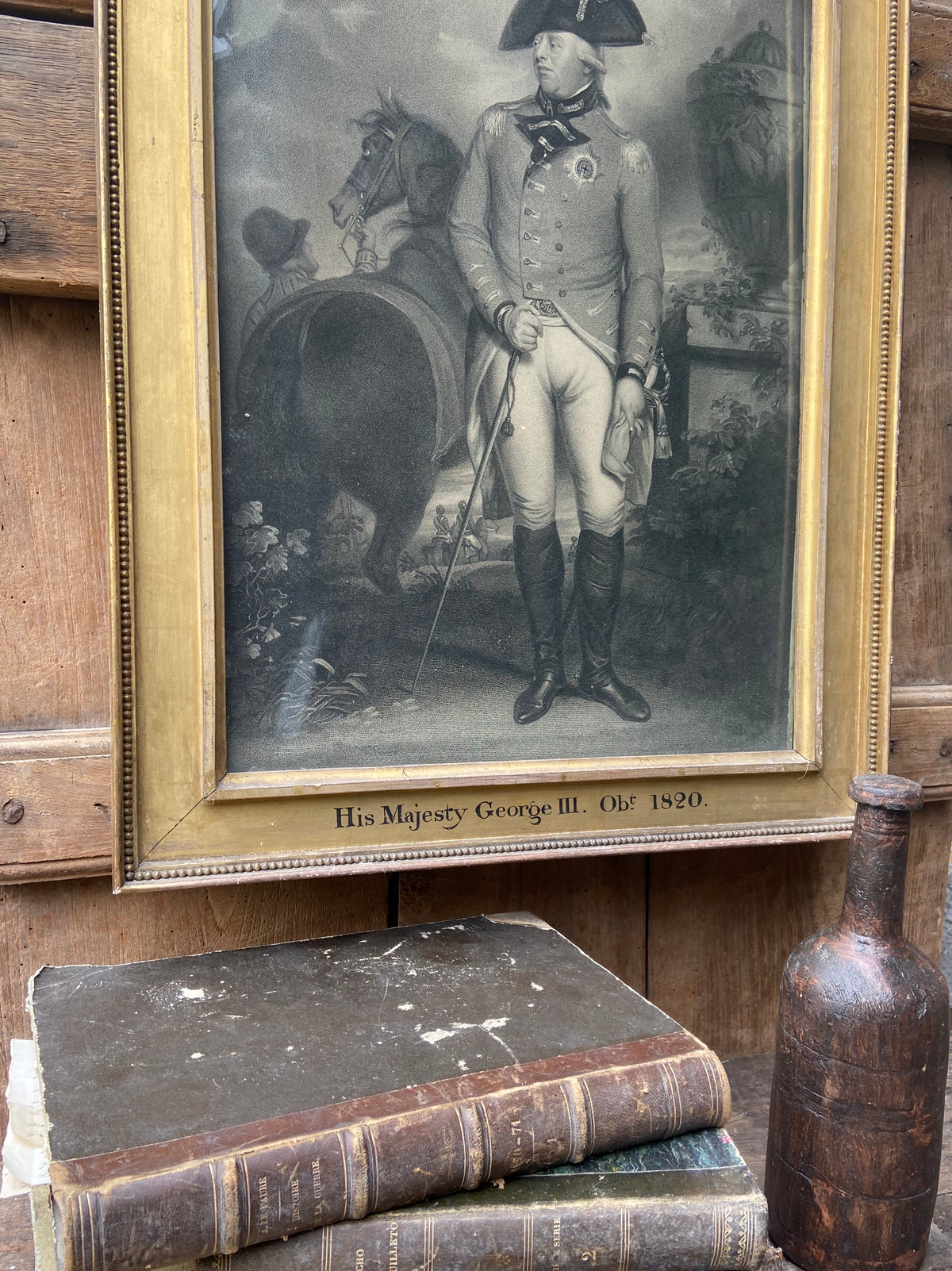 A large stipple and line engraving of King George III with original frame & glass