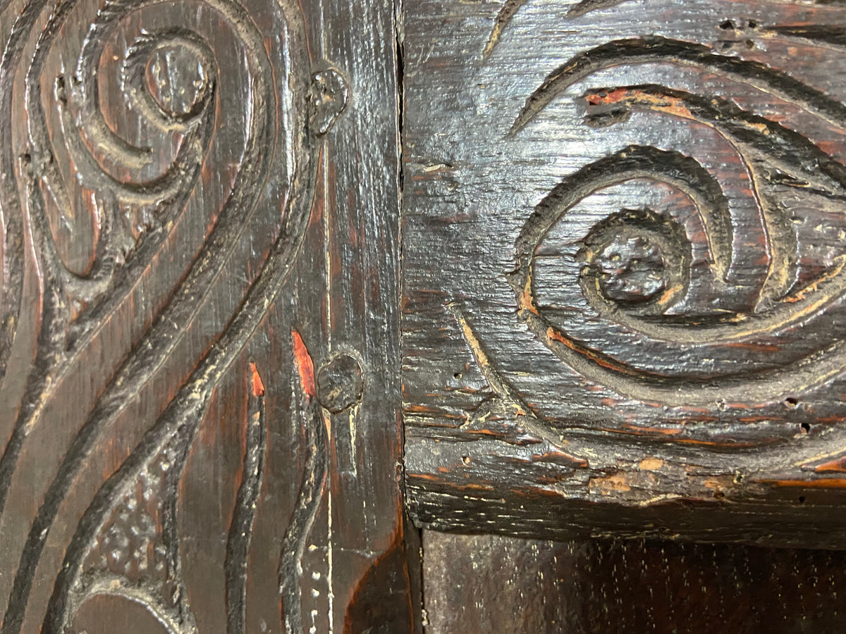 A 17th century Ottery St. Mary, Exeter joined oak chest highly likely from the same workshop in which Thomas Dennis apprenticed, 1687