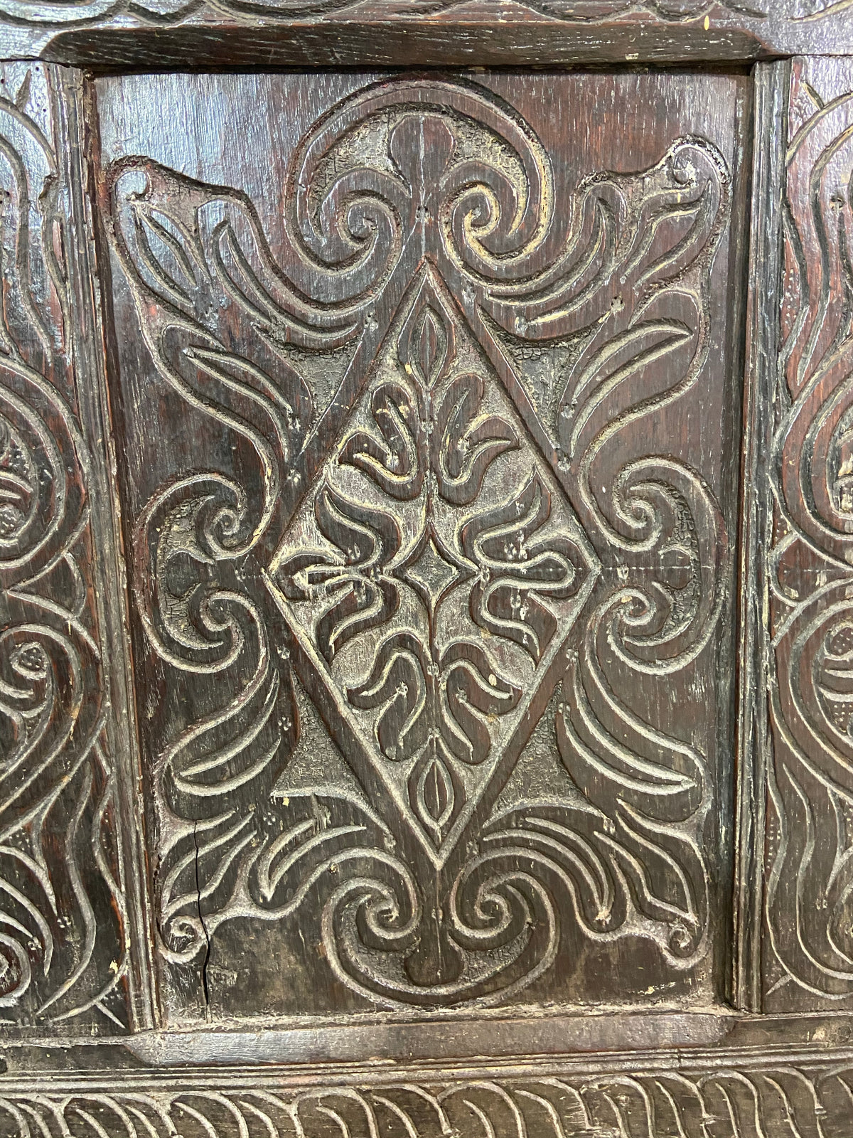A 17th century Ottery St. Mary, Exeter joined oak chest highly likely from the same workshop in which Thomas Dennis apprenticed, 1687