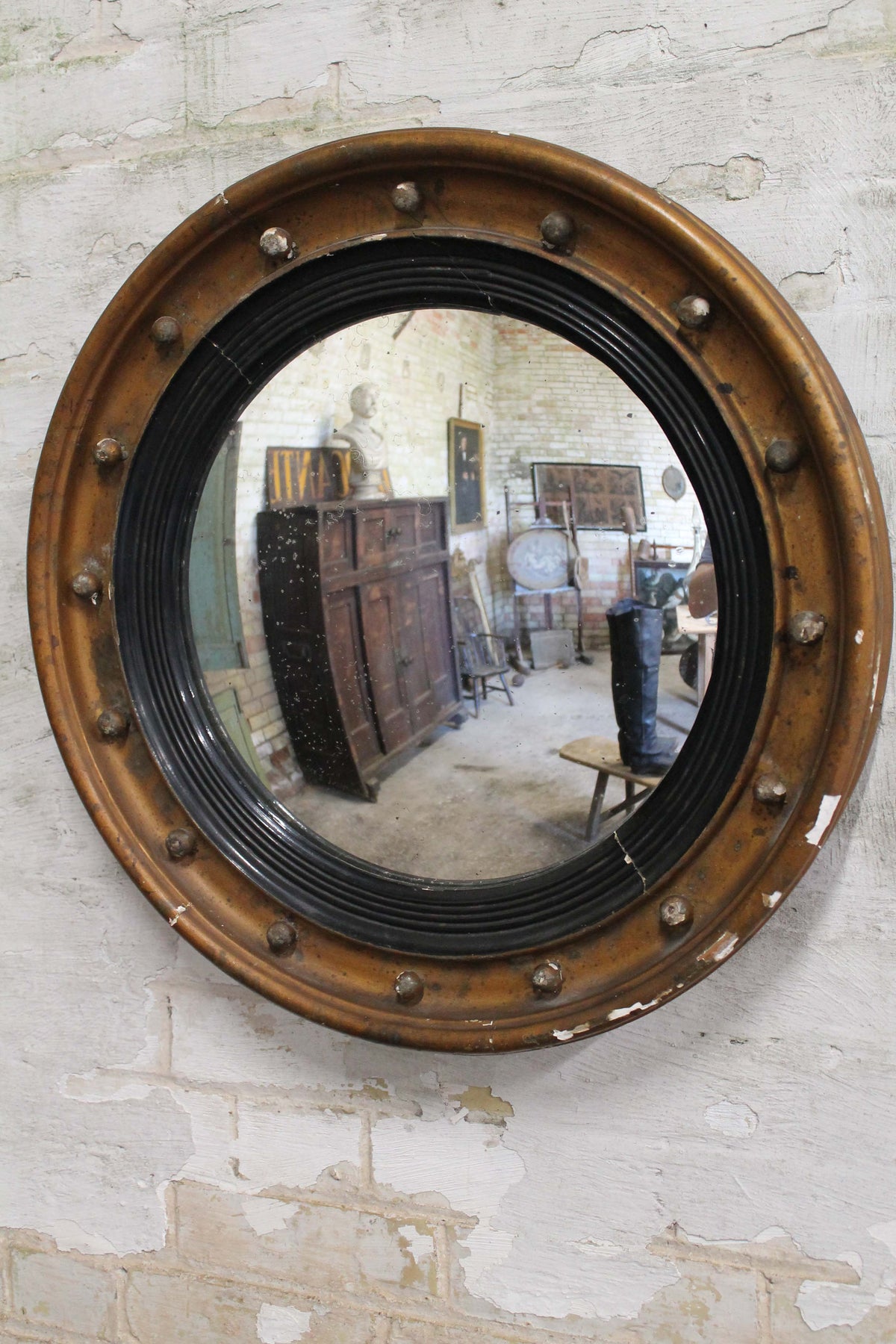 Early 19th c convex mirror with beautifully foxed original plate