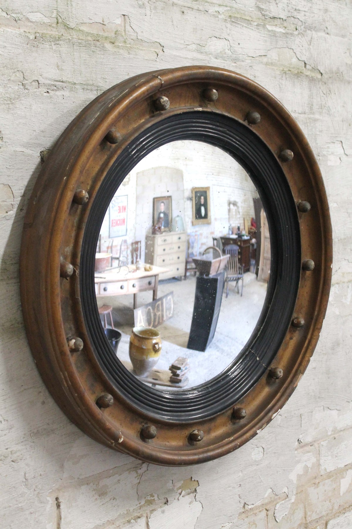 Early 19th c convex mirror with beautifully foxed original plate