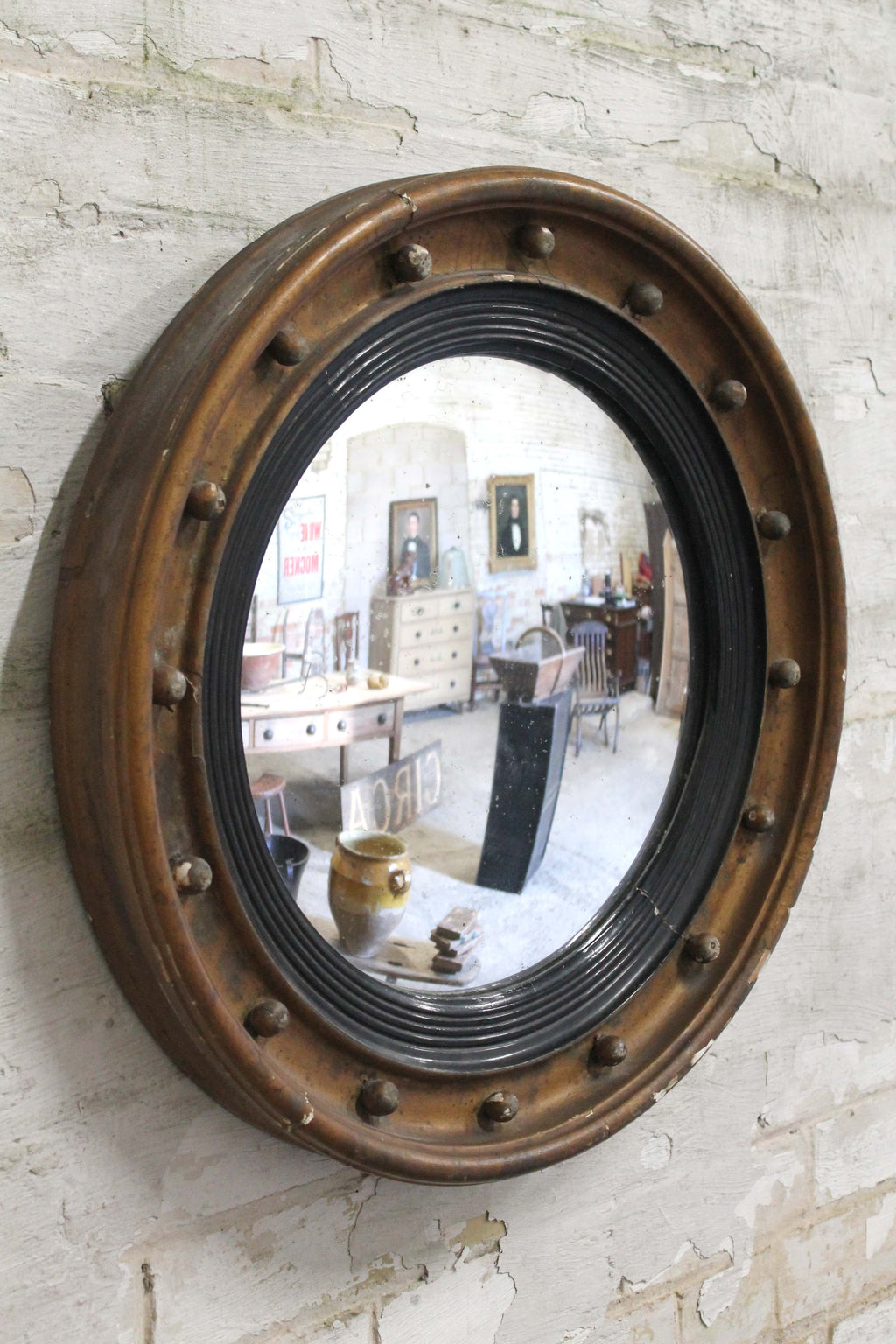 Early 19th c convex mirror with beautifully foxed original plate
