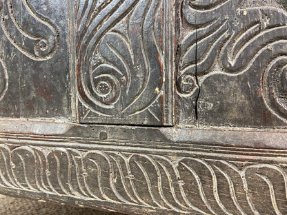 A 17th century Ottery St. Mary, Exeter joined oak chest highly likely from the same workshop in which Thomas Dennis apprenticed, 1687
