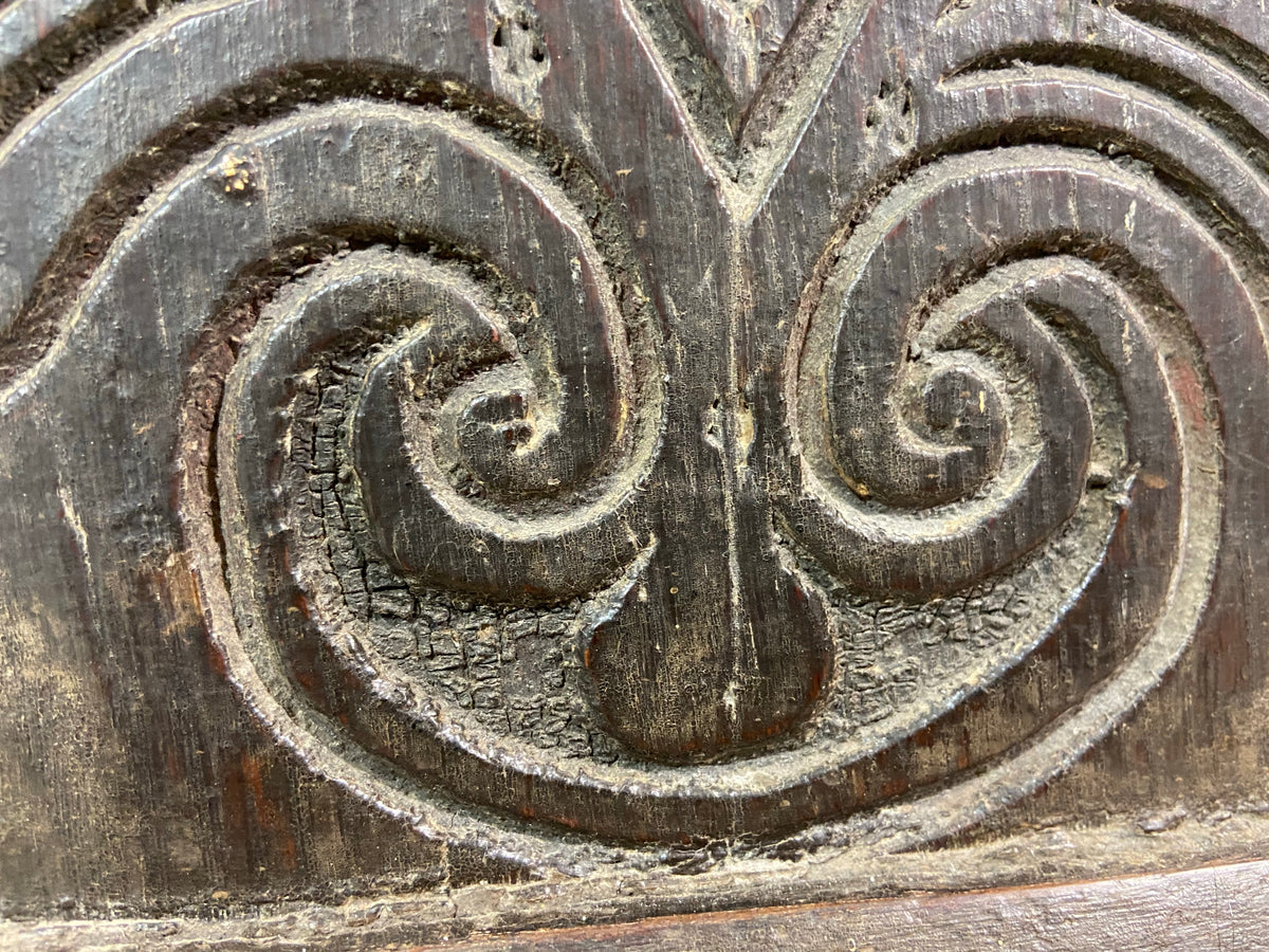 A 17th century Ottery St. Mary, Exeter joined oak chest highly likely from the same workshop in which Thomas Dennis apprenticed, 1687