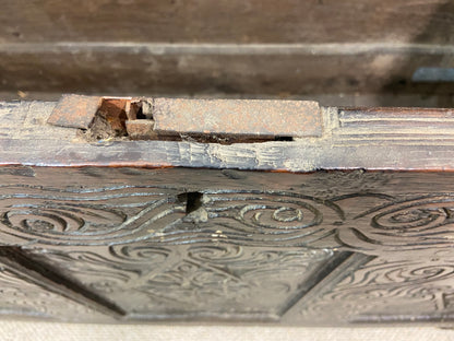 A 17th century Ottery St. Mary, Exeter joined oak chest highly likely from the same workshop in which Thomas Dennis apprenticed, 1687