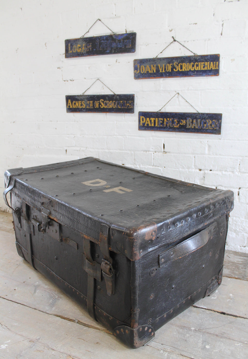 19th c leather travelling trunk from the Boconnoc Estate, Cornwall