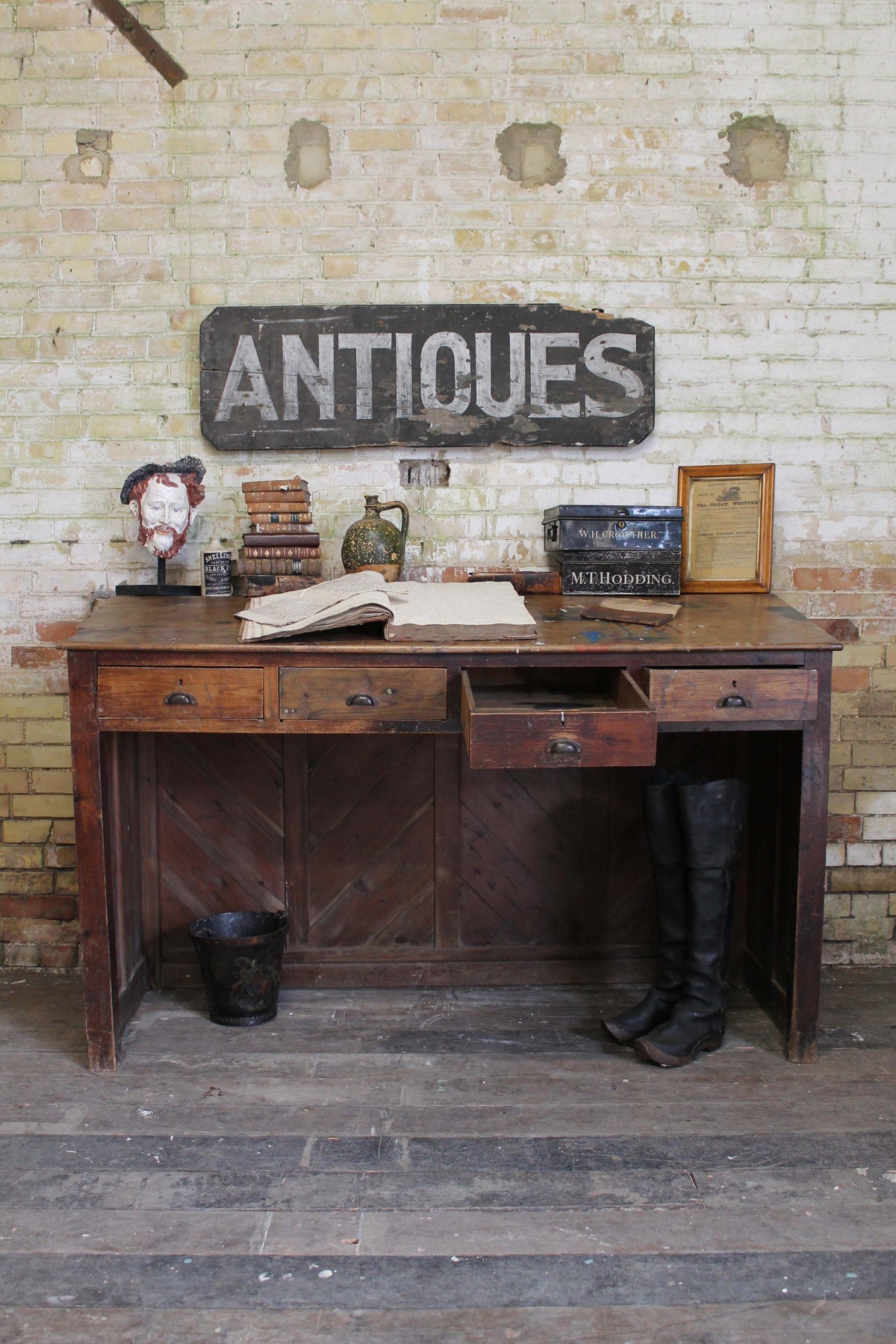 19th c Cornish elm clerk's desk from The Count House, Botallack tin mine