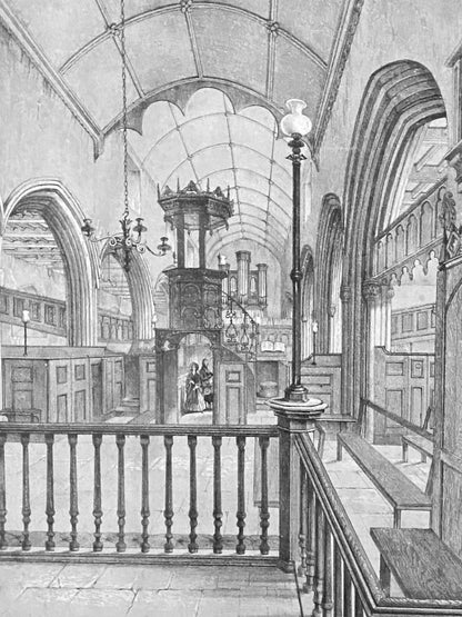 A rare early 19th century lithograph of the interior of Lyme Regis church, Dorset possibly a one off