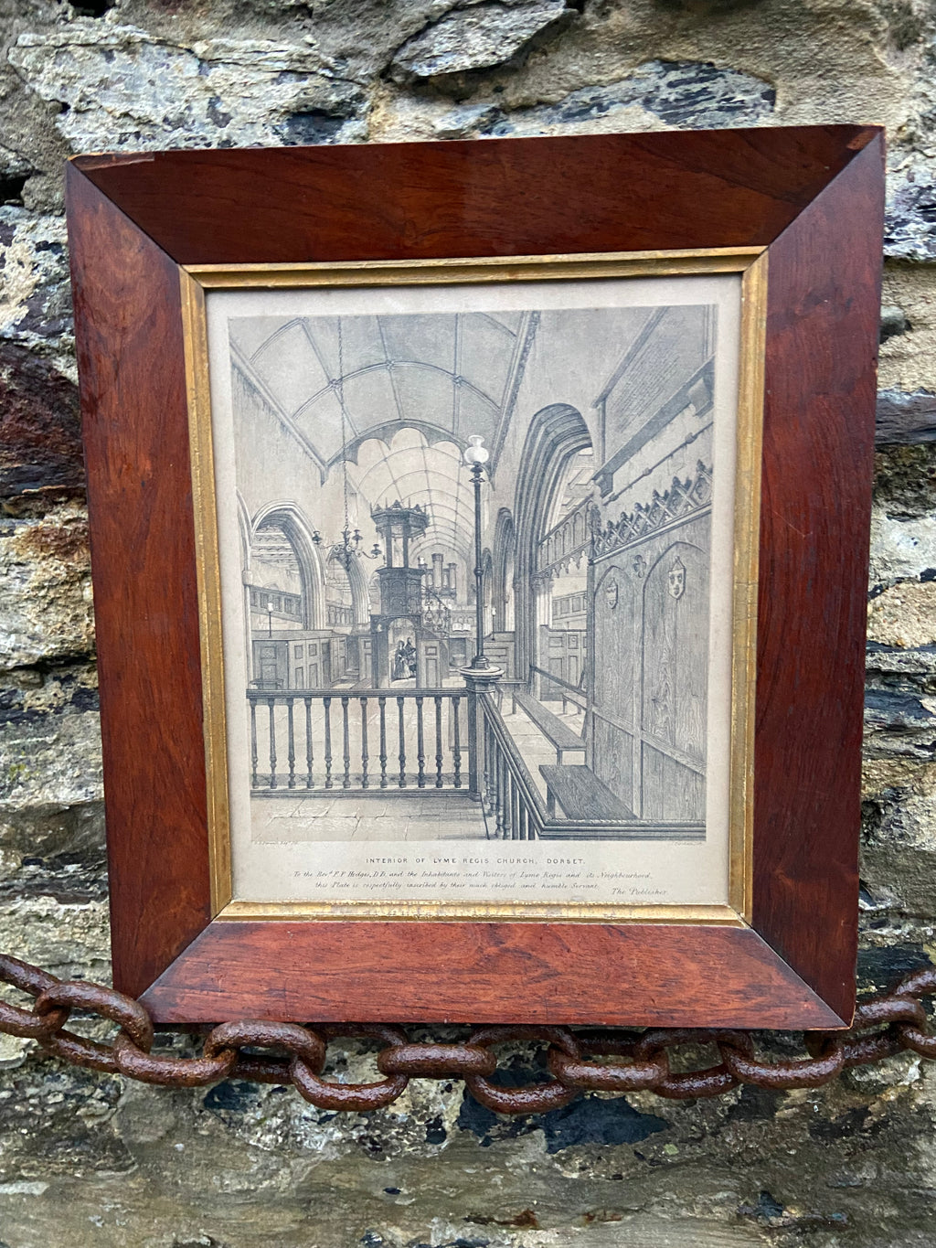 A rare early 19th century lithograph of the interior of Lyme Regis church, Dorset possibly a one off