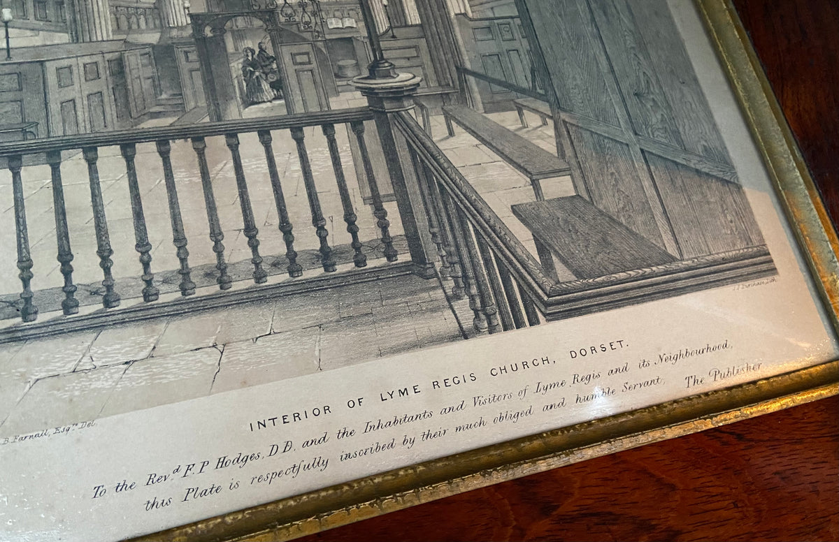 A rare early 19th century lithograph of the interior of Lyme Regis church, Dorset possibly a one off