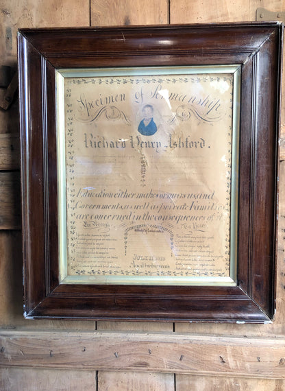 A large example of penmanship with portrait of Richard Henry Ashford, 1818