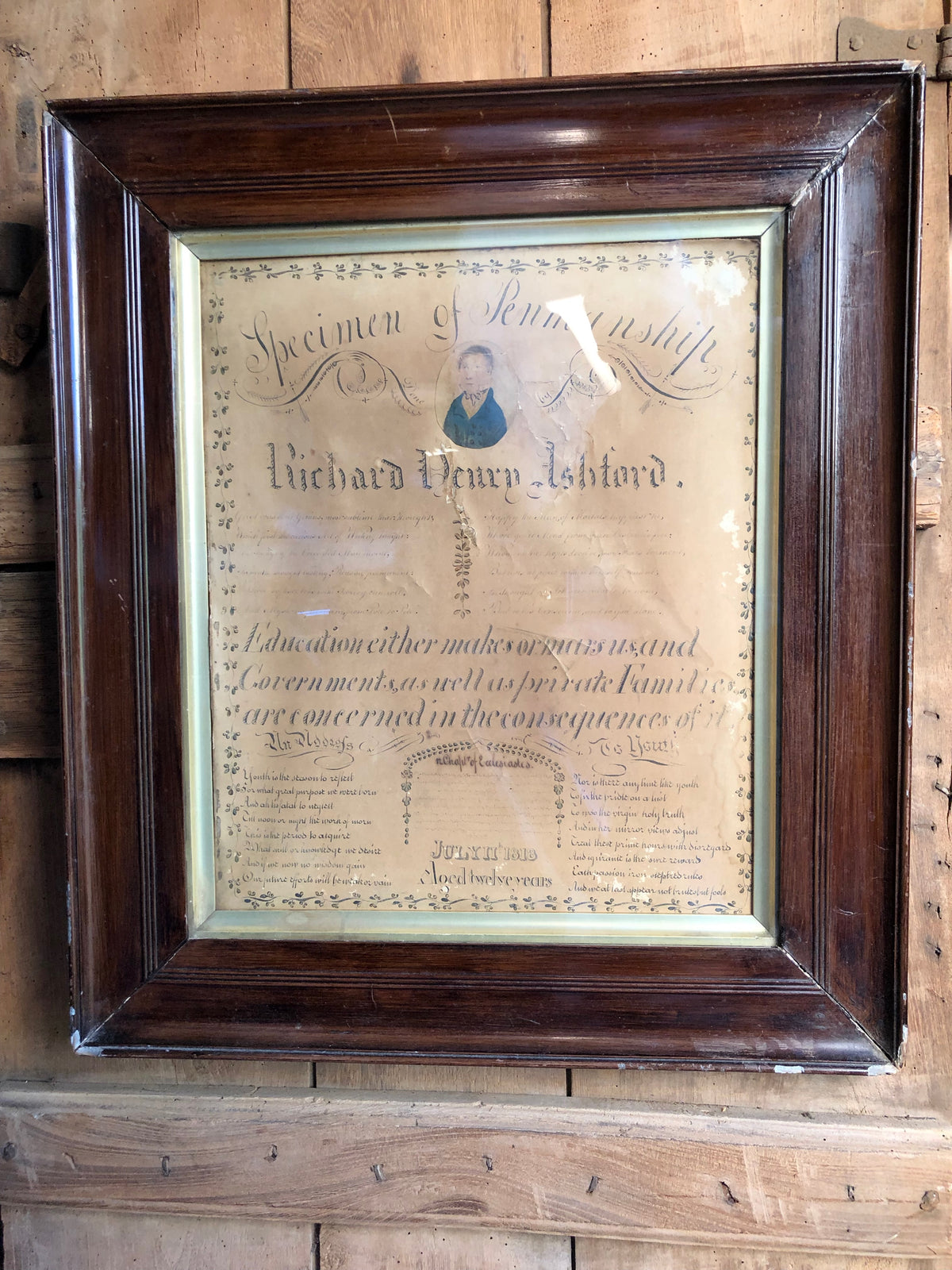 A large example of penmanship with portrait of Richard Henry Ashford, 1818