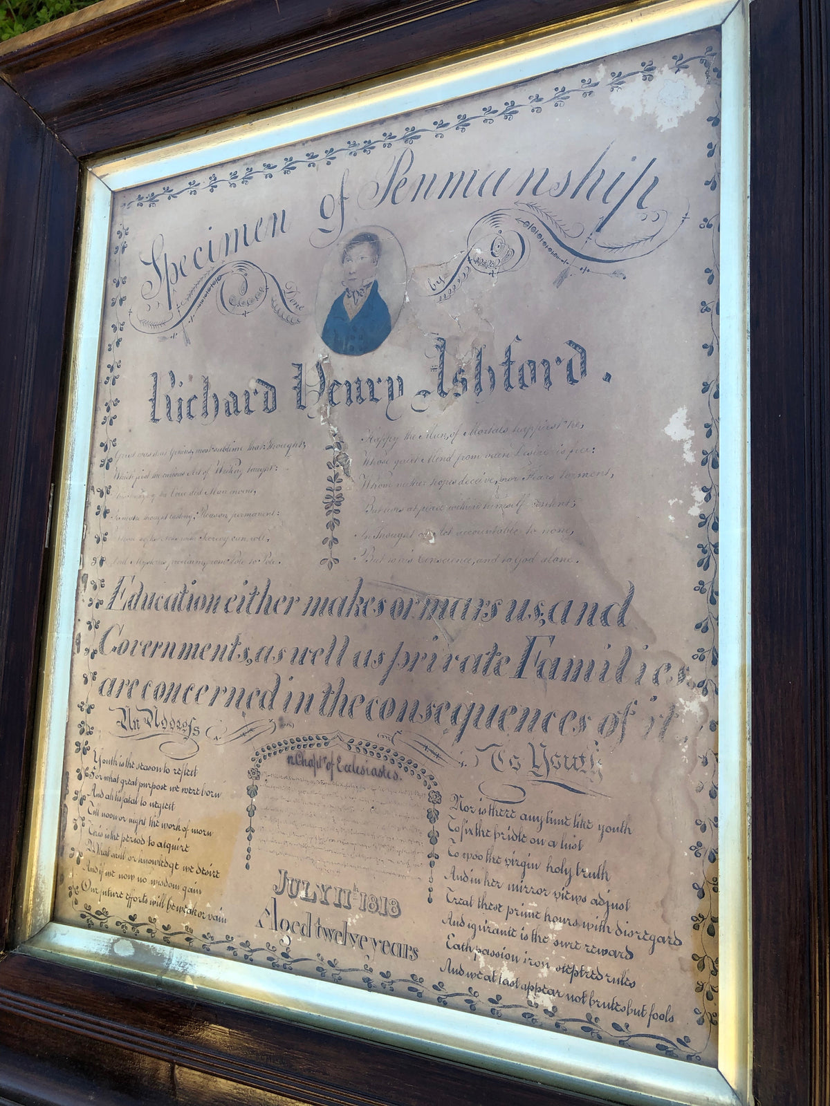 A large example of penmanship with portrait of Richard Henry Ashford, 1818