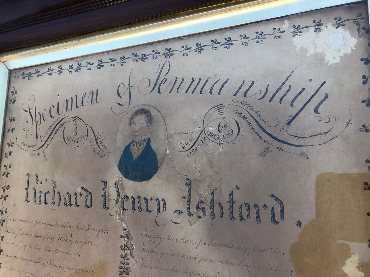 A large example of penmanship with portrait of Richard Henry Ashford, 1818