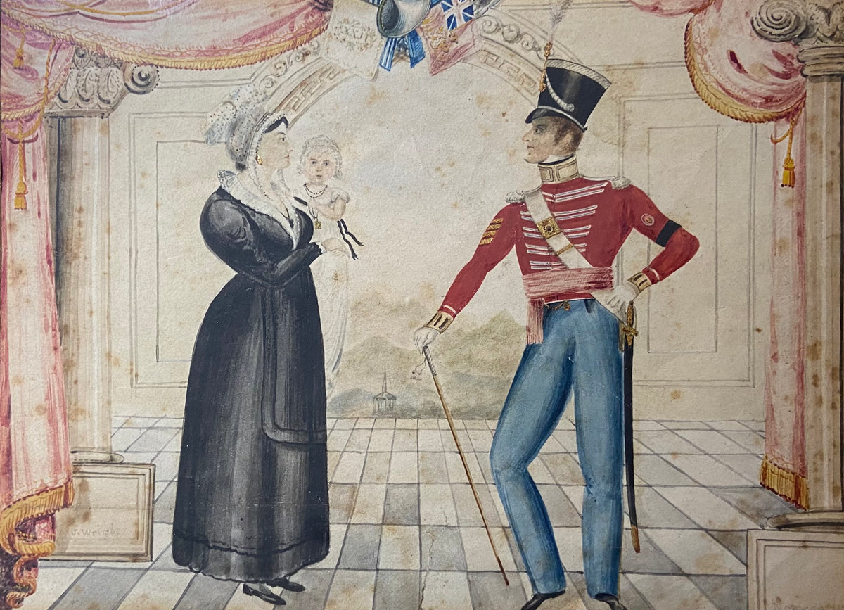 Naive watercolour of a Company Sergeant Major of the 22nd Regiment of foot and his family, J. Wright, Newcastle, 1832